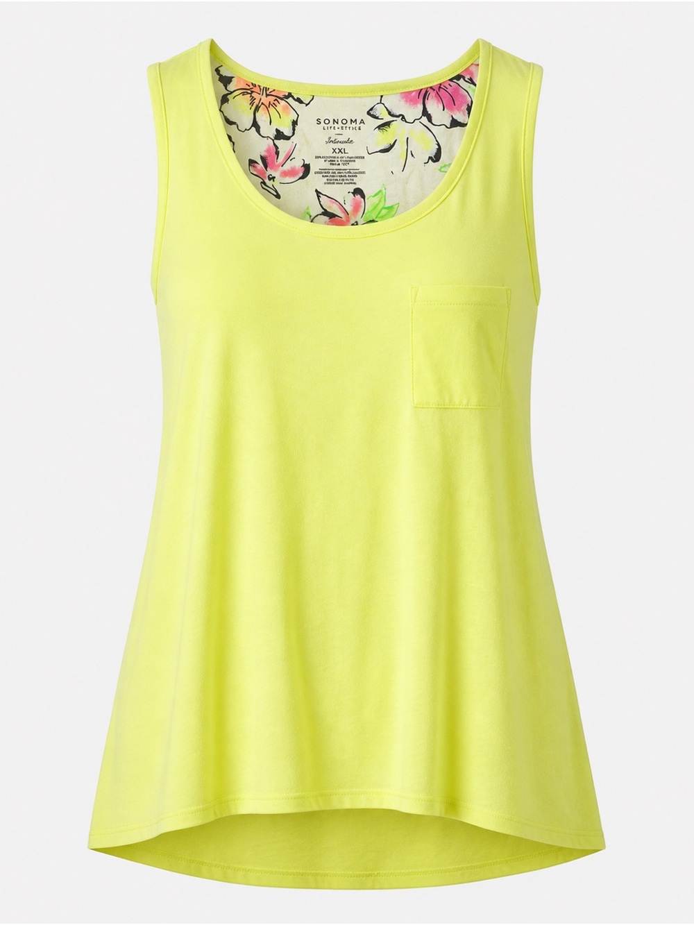 Sonoma Neon Yellow Scoopneck Tank with Floral Back XXL Sleepwear Top